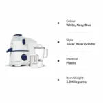 Havells Rigo Juicer Mixer Grinder, 500 Watt, 2 Jars (White and Navy Blue ) - Image 2